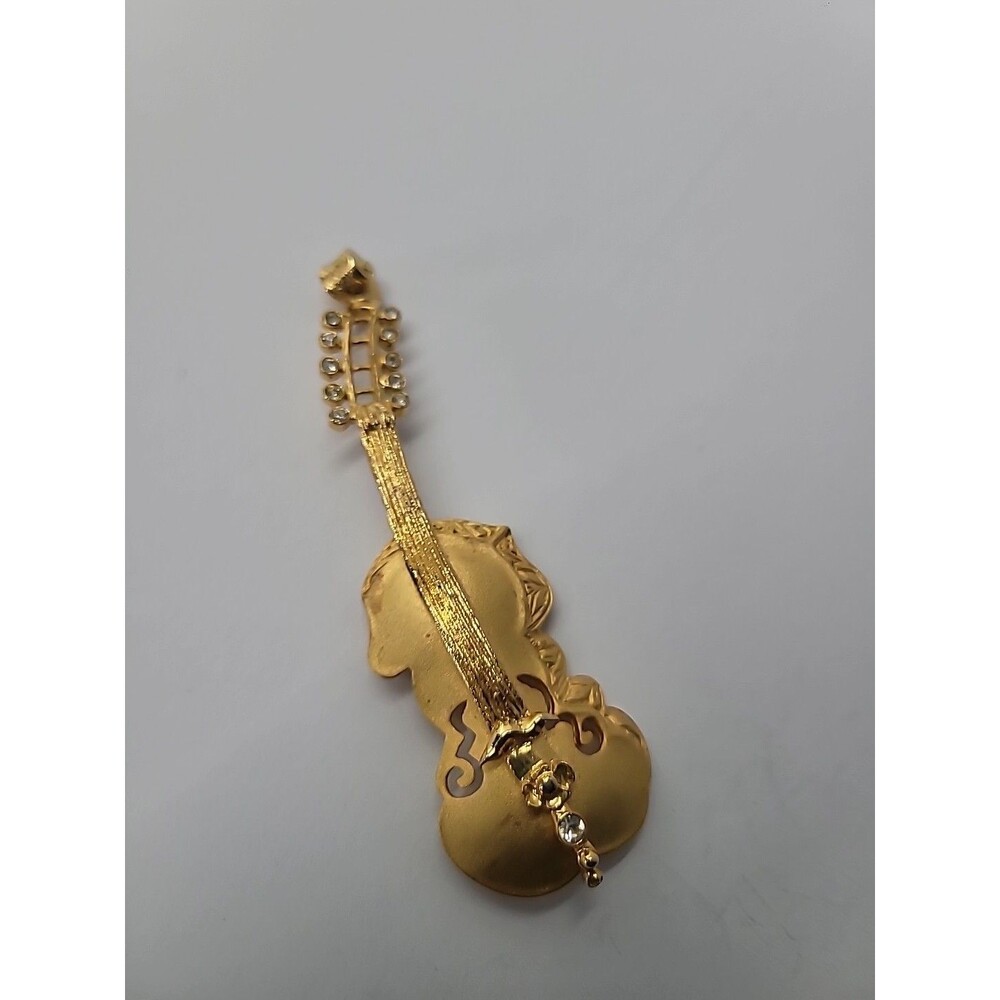 Vintage Tara Violin Brooch Gold Tone Clear Rhinestones Music Instrument Pin‎